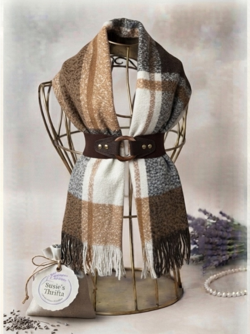 Plaid Blanket Scarf & Wide Cinch Belt Combo
